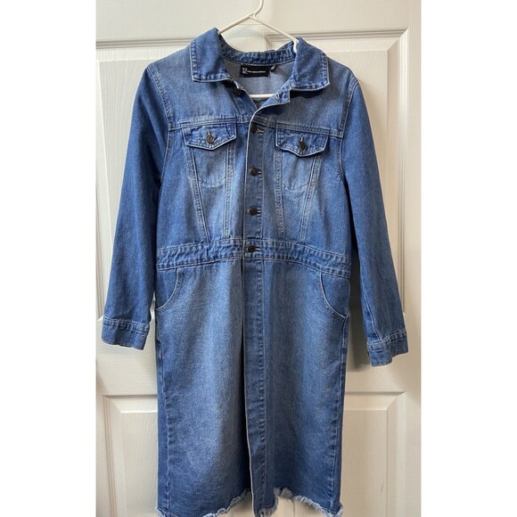 New York and Company Womens Small Denim Raw Hem Jean Coat 3/4 Sleeve Duster - Picture 3 of 8